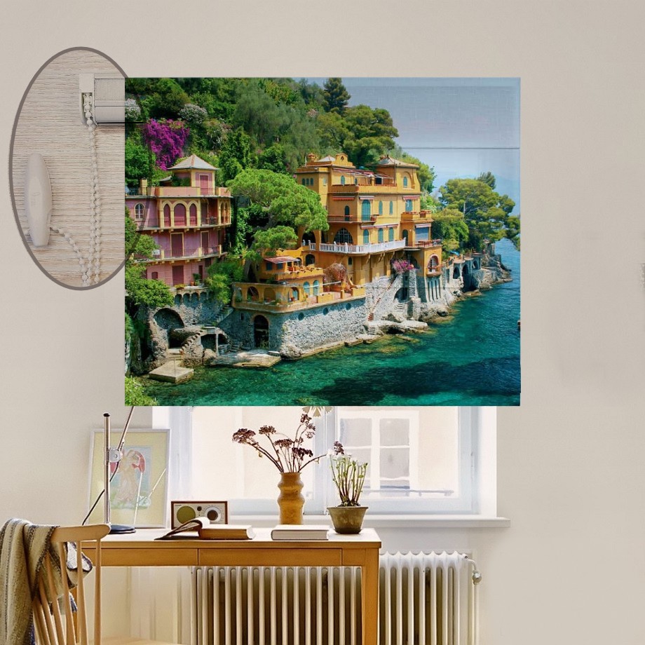 

Римская штора система Lux Coullise InHt Фотопечать Город у моря 00-106 Джуси Велюр 70х170 см