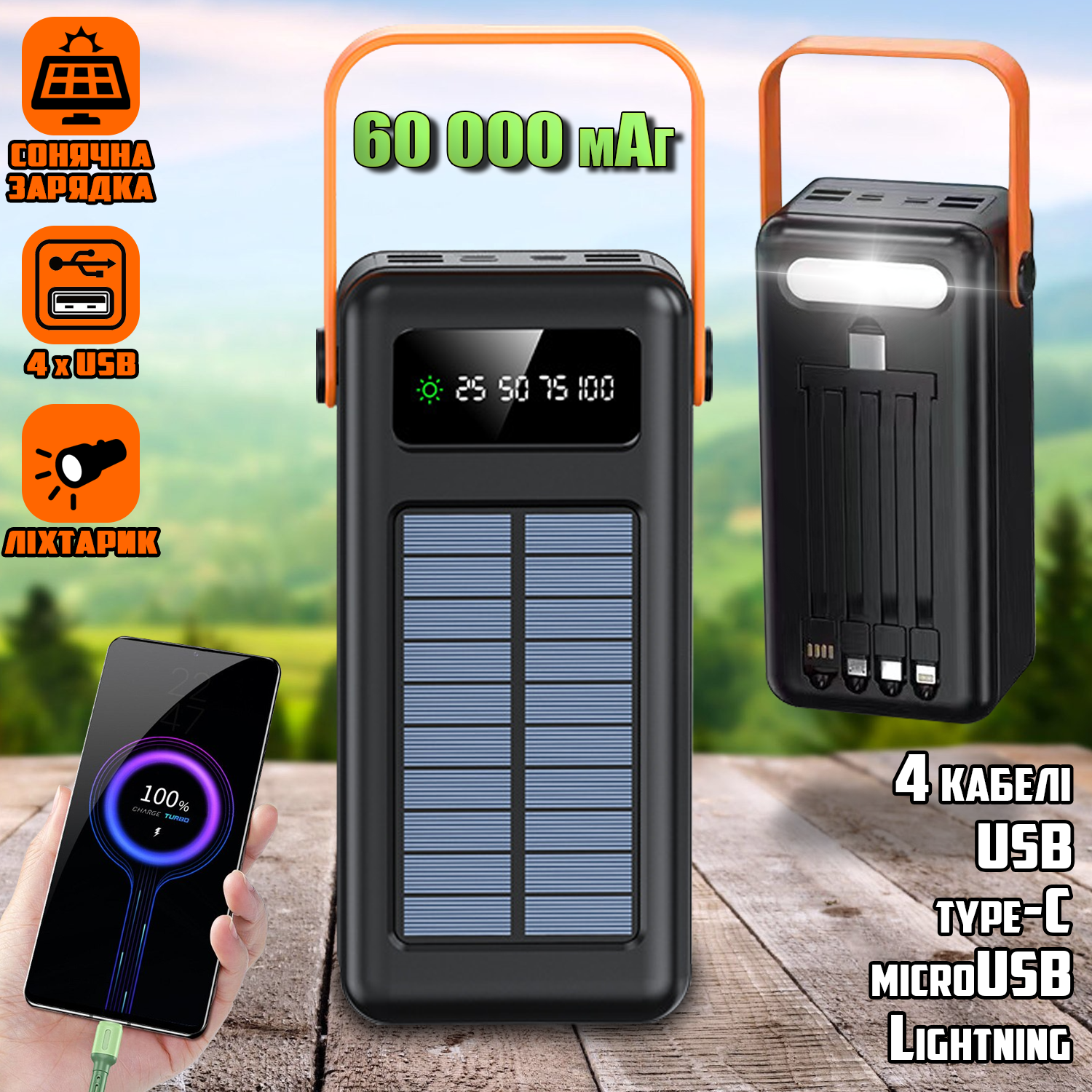 Power Bank на солнечной батарее ProTech 60000 mAh (реальная ёмкость) с  экраном, фонариком, 4хUSB и кабеля 4в1 MicroUSB/Lightning/Type-C/USB Черный  – фото, отзывы, характеристики в интернет-магазине ROZETKA от продавца:  DIGSMART | Купить в