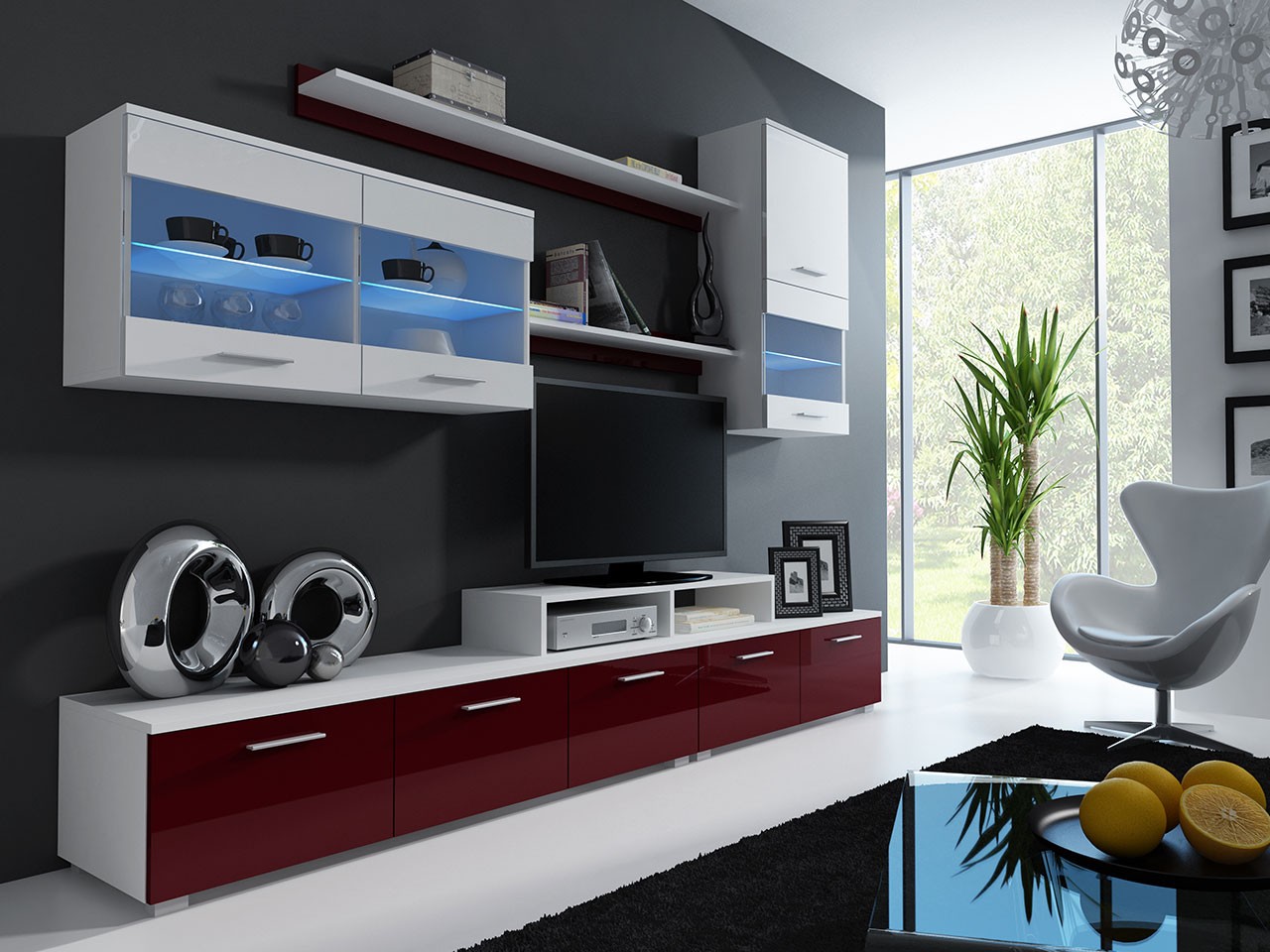 

Гостиная стенка комплект из ламинированной ДСП и стекла Logo II Бордовый/Белый Сama Польша без подсветки