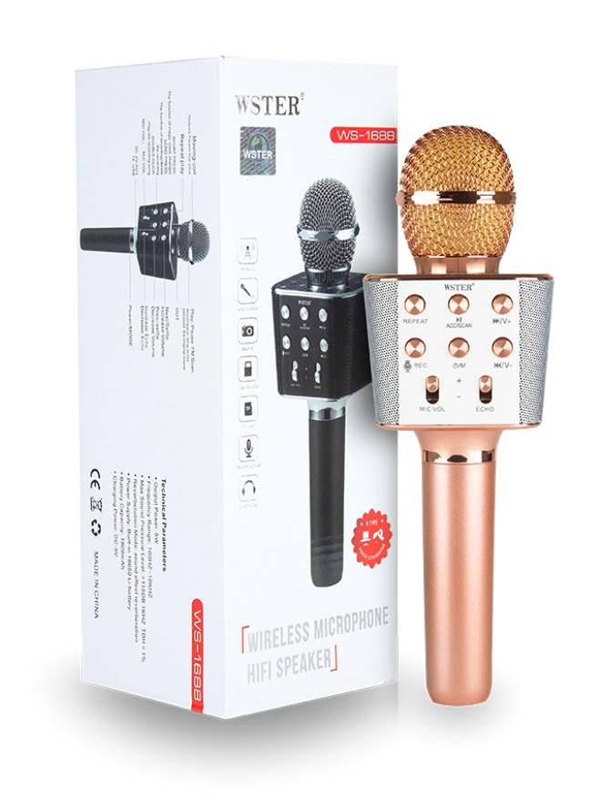 

Беспроводной караоке микрофон WSTER WS-1688 Bluetooth USB AUX FM Rose Gold