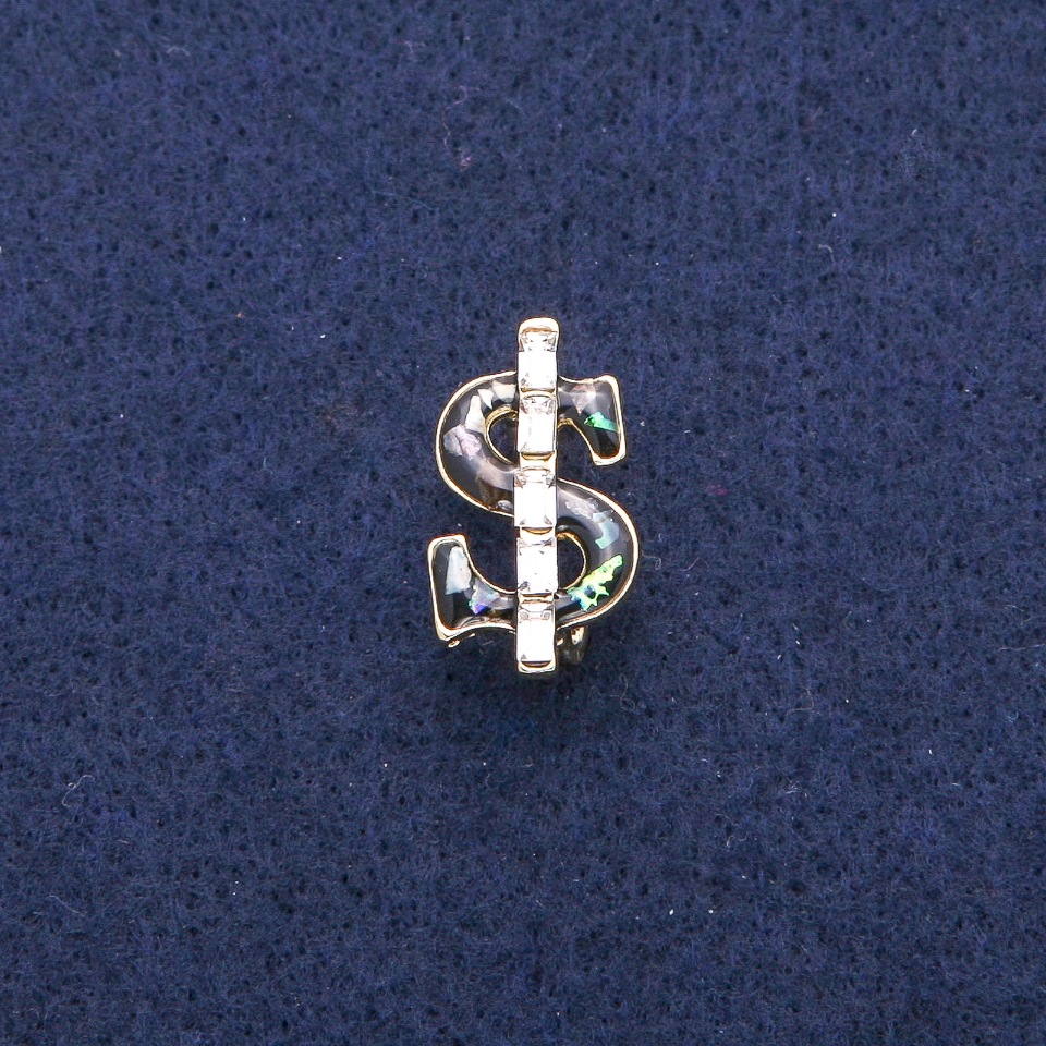 

Брошь Доллар с черной эмалью и Перламутром Халиотис, белые кристаллы, золотистый металл 12х21мм, ida38017