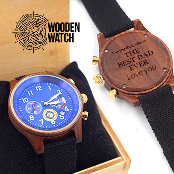 

Деревянные наручные часы ручной работы WoodenWatch Comandor с индивидуальной гравировкой "The best dad ever" Синий циферблат