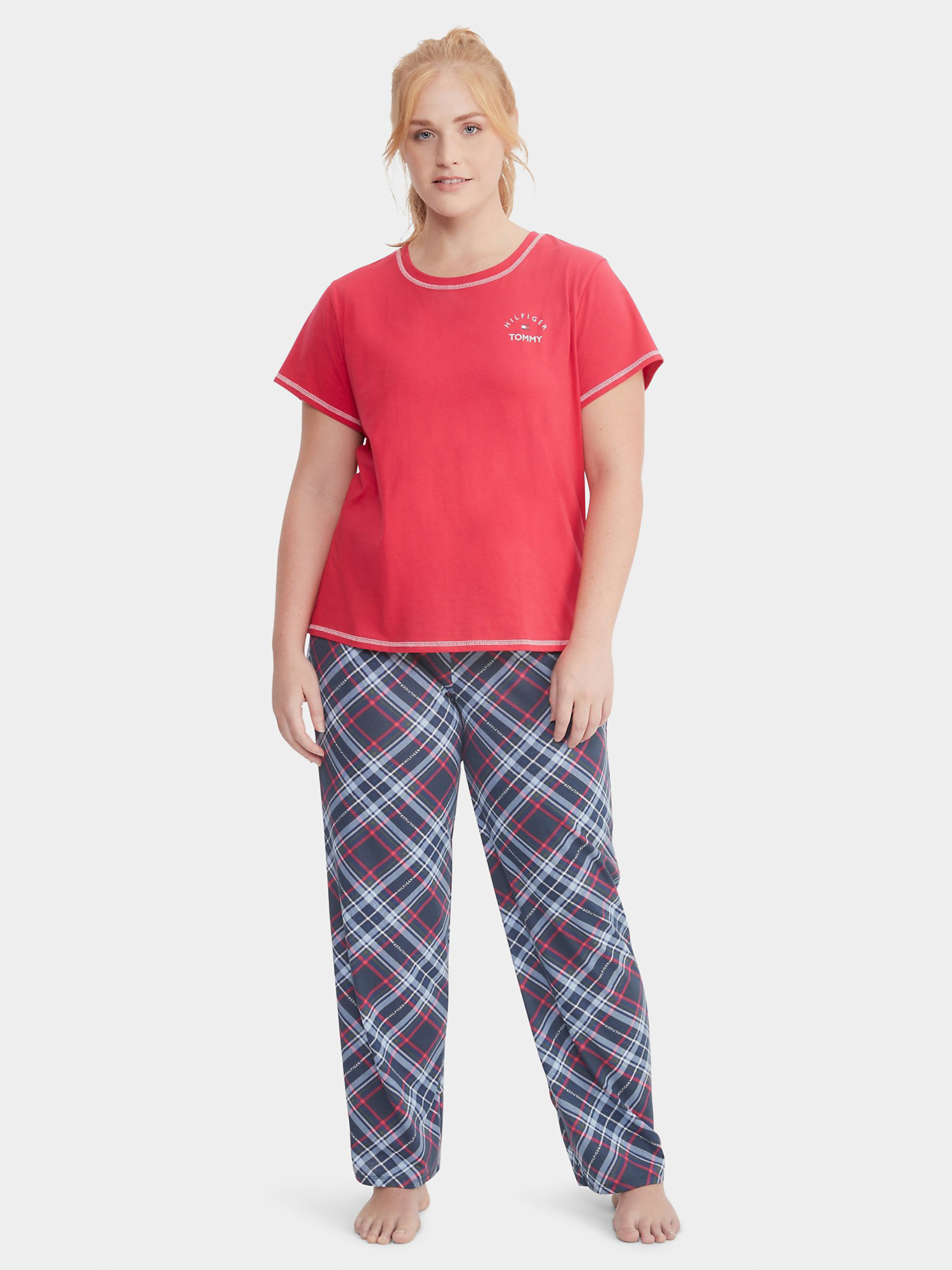 Акція на Піжама (футболка + штани) жіноча великих розмірів Tommy Hilfiger 662122877 2X Рожевий/Синій від Rozetka
