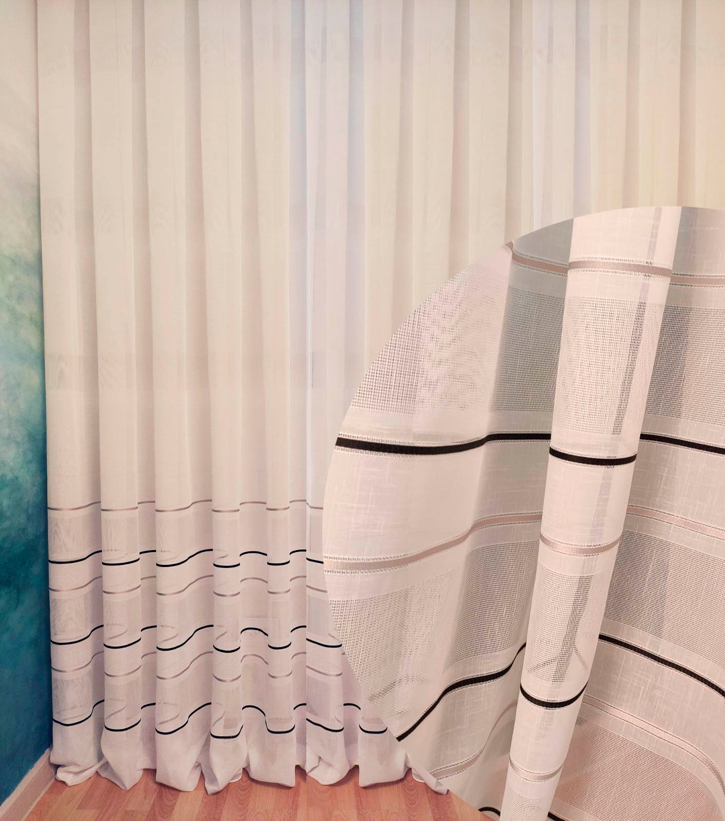 

Тюль Декор-Ин Лен Скарлайн с мережкой и атласной полосой Бело-серый с черным 260х500 (Vi 100839)