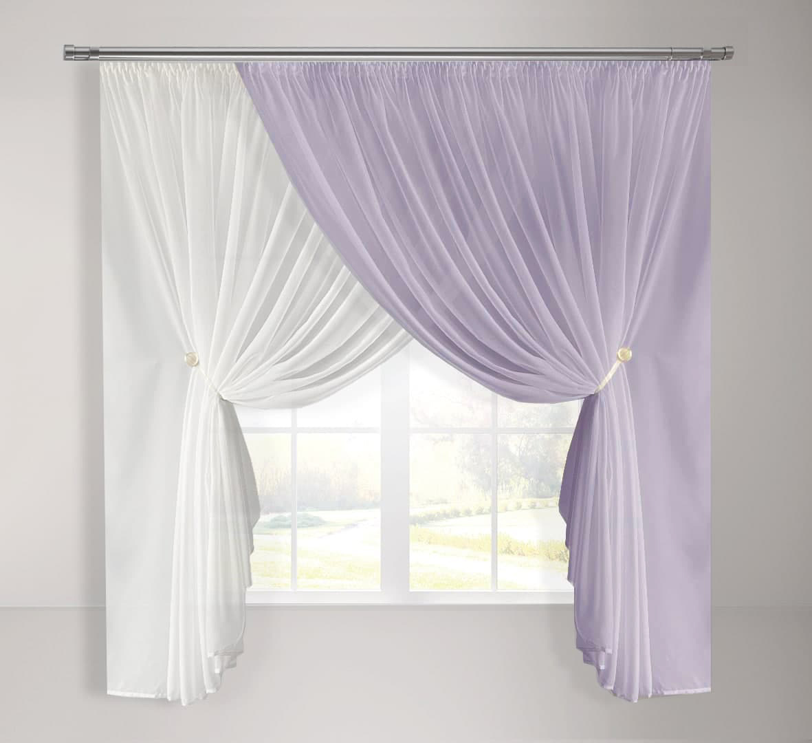 

Кухонная шифоновая занавеска Adagio Windows Decor с пышной сборкой бело-сиреневая в размере 2,8х1,7м