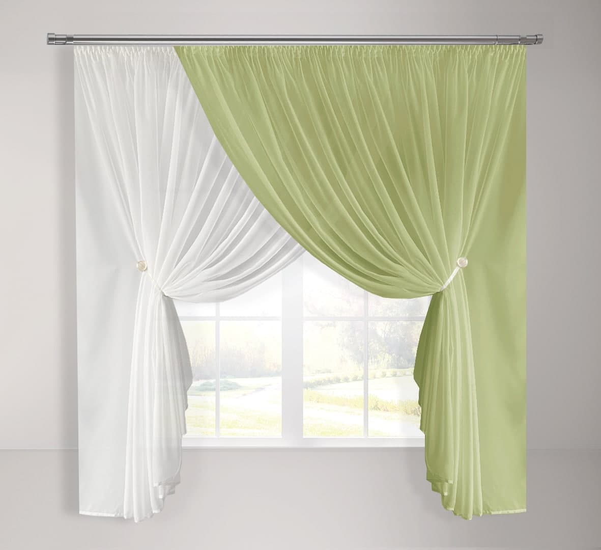 

Кухонная шифоновая занавеска Adagio Windows Decor с пышной сборкой бело-салатовая в размере 2,8х1,7м
