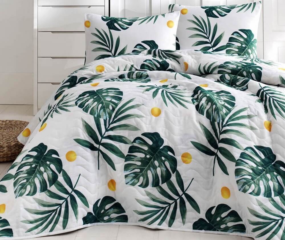 

Покрывало стеганое Eponj Home Monstera Yesil 200х220 с наволочками 50х70