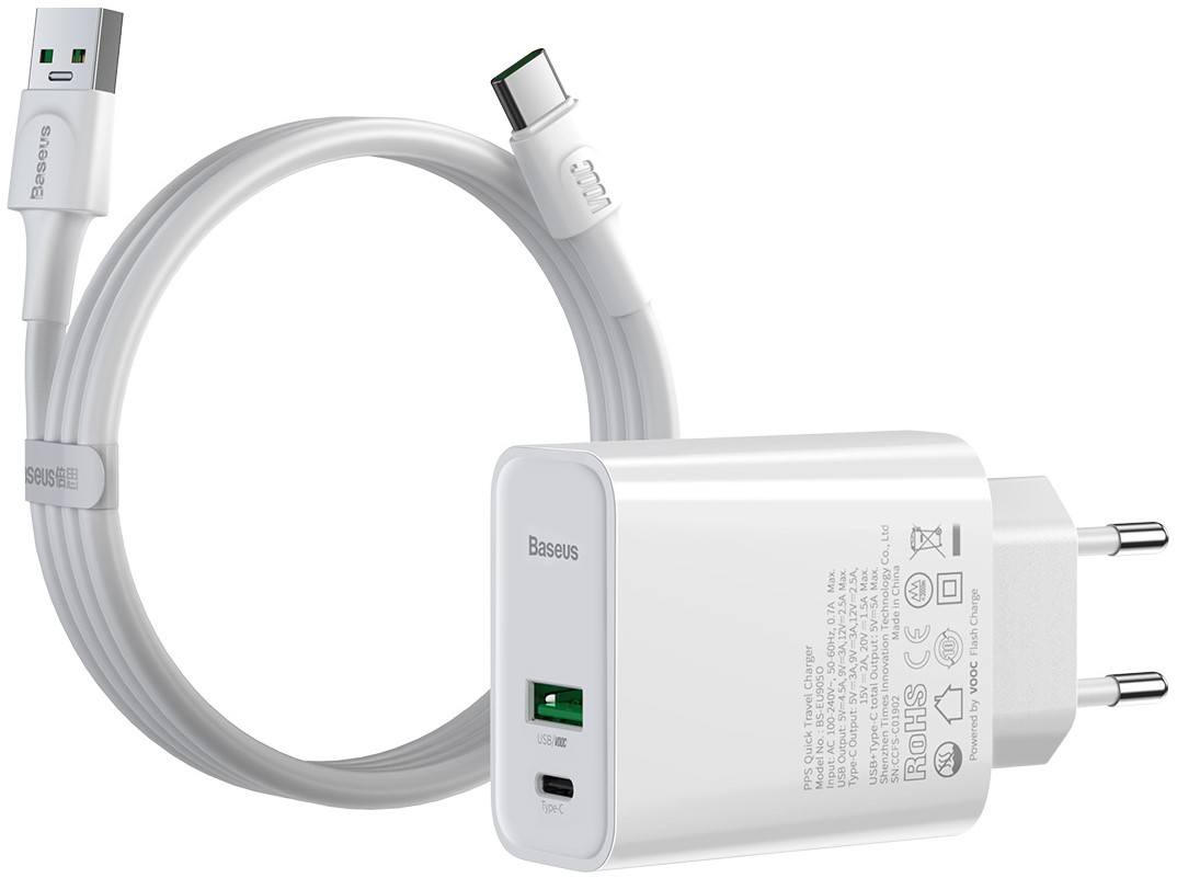 

Сетевое зарядное устройство Baseus Speed PPS QC3.0+PD3.0 30W VOOC USB+Type-C 5A + Кабель VOOC Type-C to Type-C 5A 1м Белый