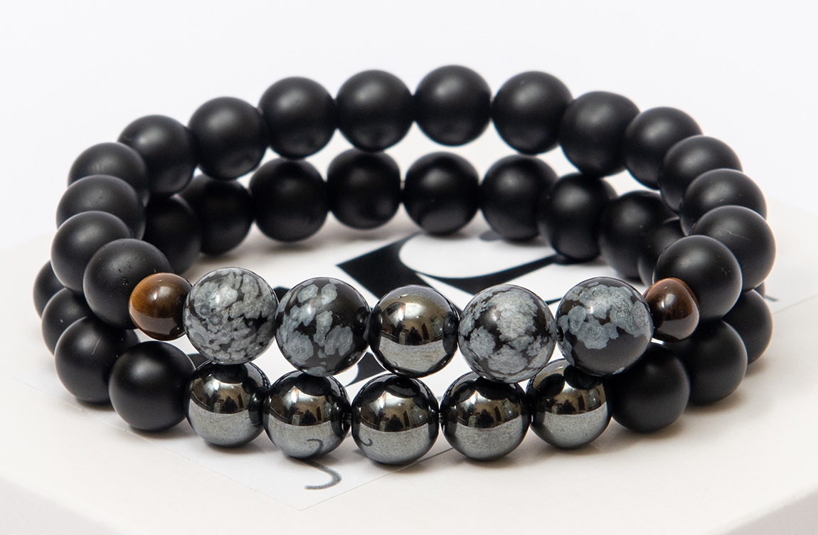 

Парные браслеты мужские DMS Jewelry из натуральных камней шунгита, гематита, обсидиана DOUBLE POWER BRACELET