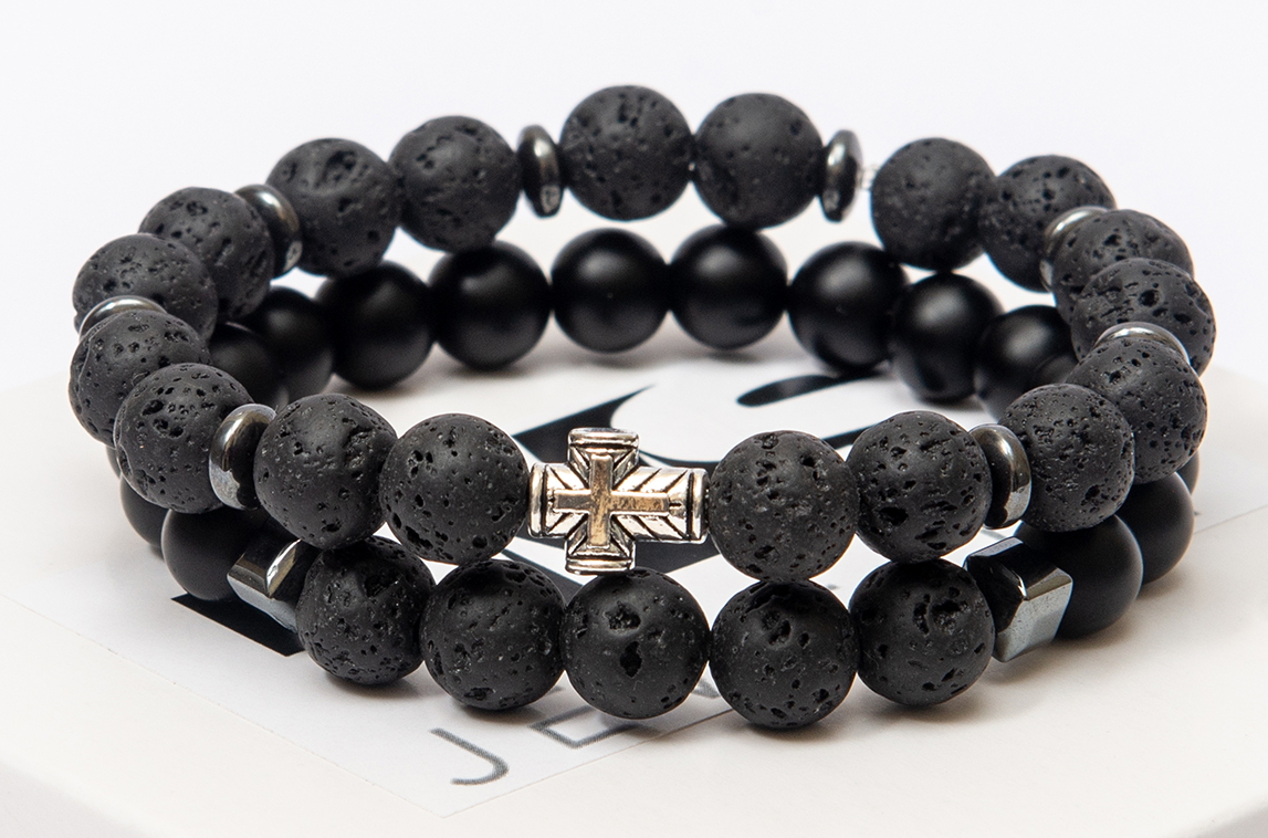 

Парные браслеты мужские DMS Jewelry из шунгита и лавового камня с крестом DOUBLE MALE METAL CROSS