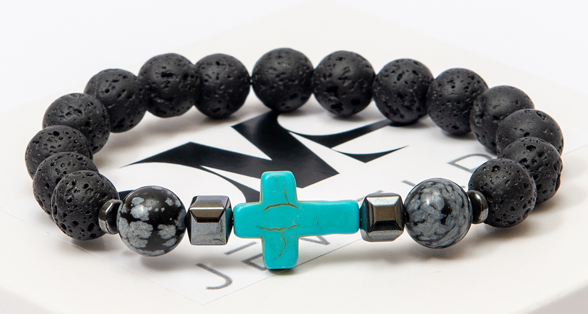 

Браслет мужской DMS Jewelry из лавового камня, обсидиана с бирюзовым крестом GREY CROSS