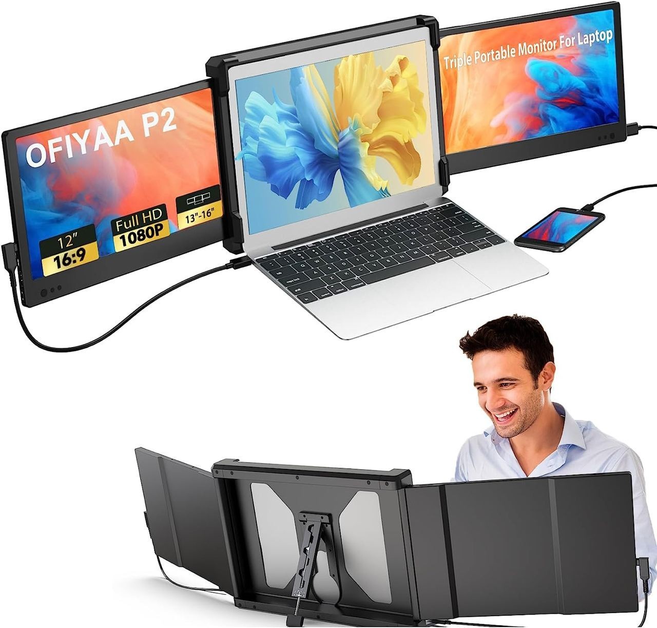 OFIYAA портативный монитор для ноутбука, 12" с двойным дисплеем Full HD ...