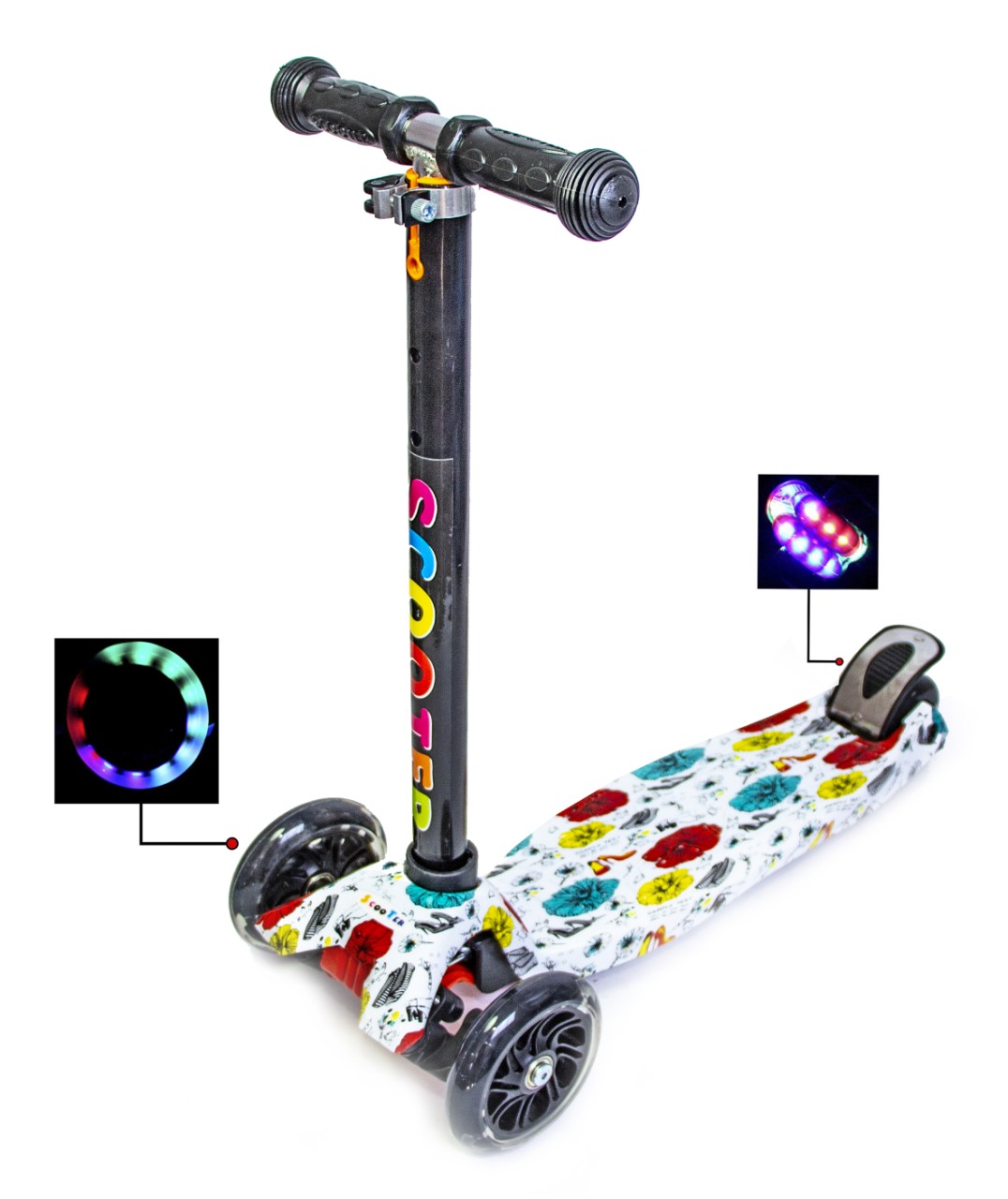 

Детский самокат Scooter MAXI Different Flowers Белый-черный