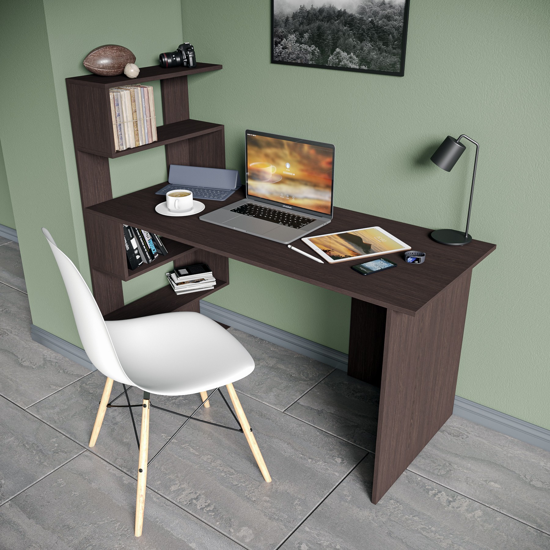 HOMIDEA DERONI Writing Desk - Computer Workstation - Home Office Desk -  Writing Table with Shelves in Modern Design (Avola/White)