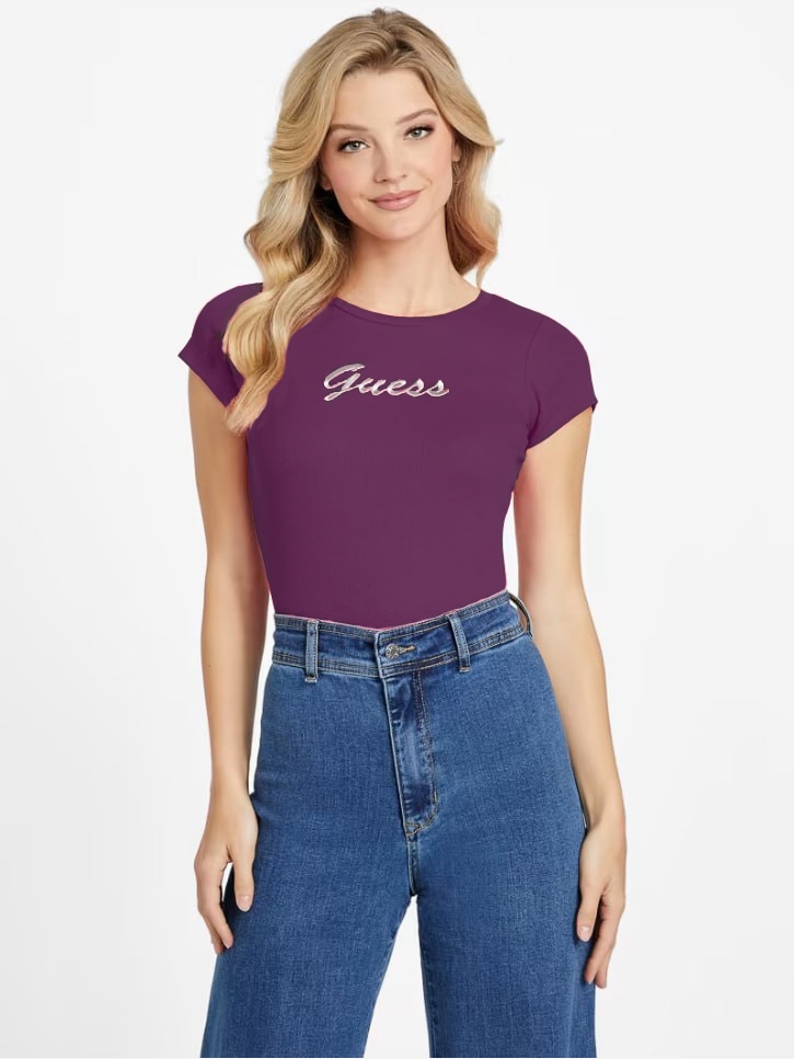 Акція на Футболка коротка жіноча Guess 759177504 XL Фіолетова від Rozetka