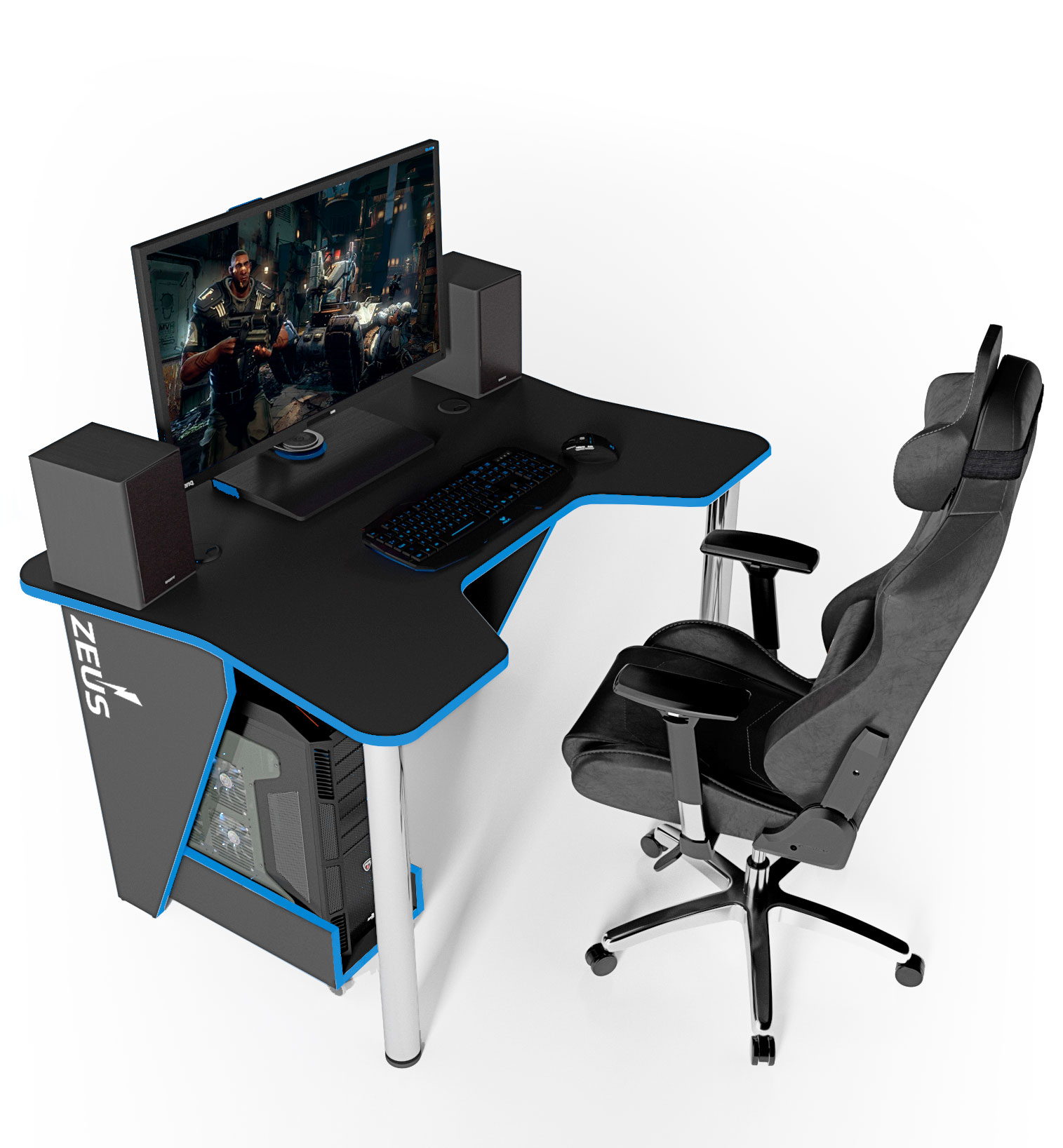 

Стол геймерский эргономичный игровой из ЛДСП Igrok-3 черный/синий Zeus