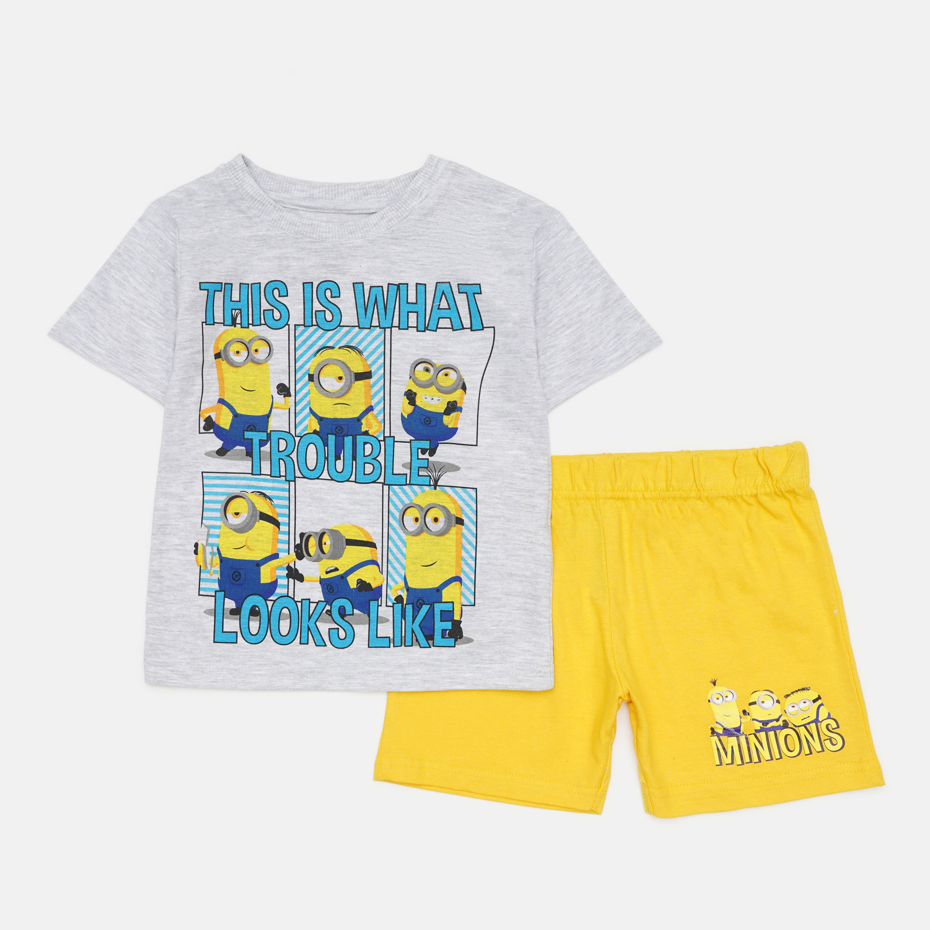 Акция на Піжама літня дитяча (футболка + шорти) Disney Minions MIN 52 04 768 104 см Сірий/Жовтий от Rozetka