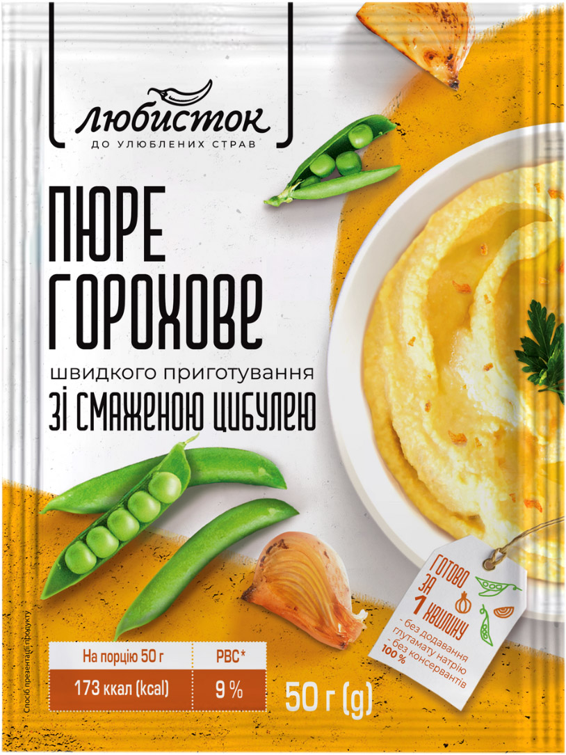 Упаковка пюре горохового быстрого приготовления Любисток с жареным луком 50  г х 9 шт (4820241583317)