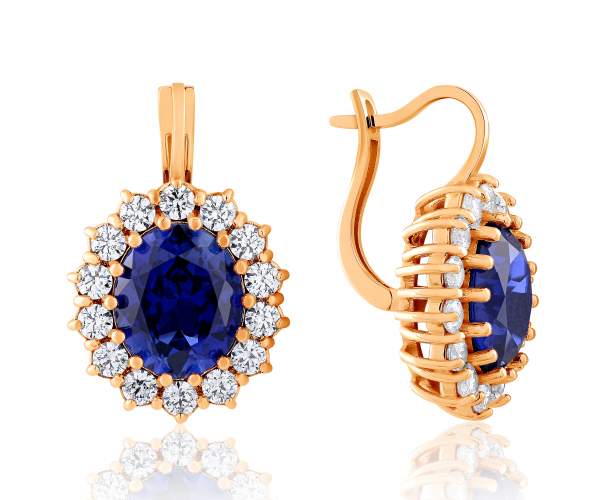

Серьги золотые с сапфирами корундовыми и камнями SWAROVSKI Zirconia "Купава" ,С4200SWКСПФ