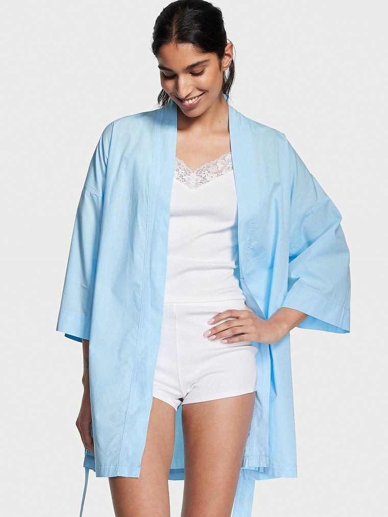 Акція на Піжама (халат + майка + шорти) жіноча великих розмірів бавовняна Victoria's Secret 744415003 XL Блакитна від Rozetka