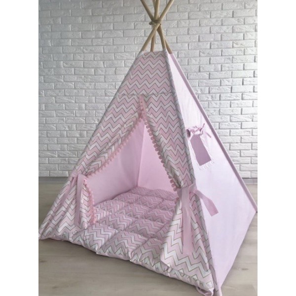 

Детская Палатка - Вигвам «Розовая Молния» от 3 лет 100% Коттон Матрасик (БомБон) + 2 Подушки, Флажки, Гирлянда