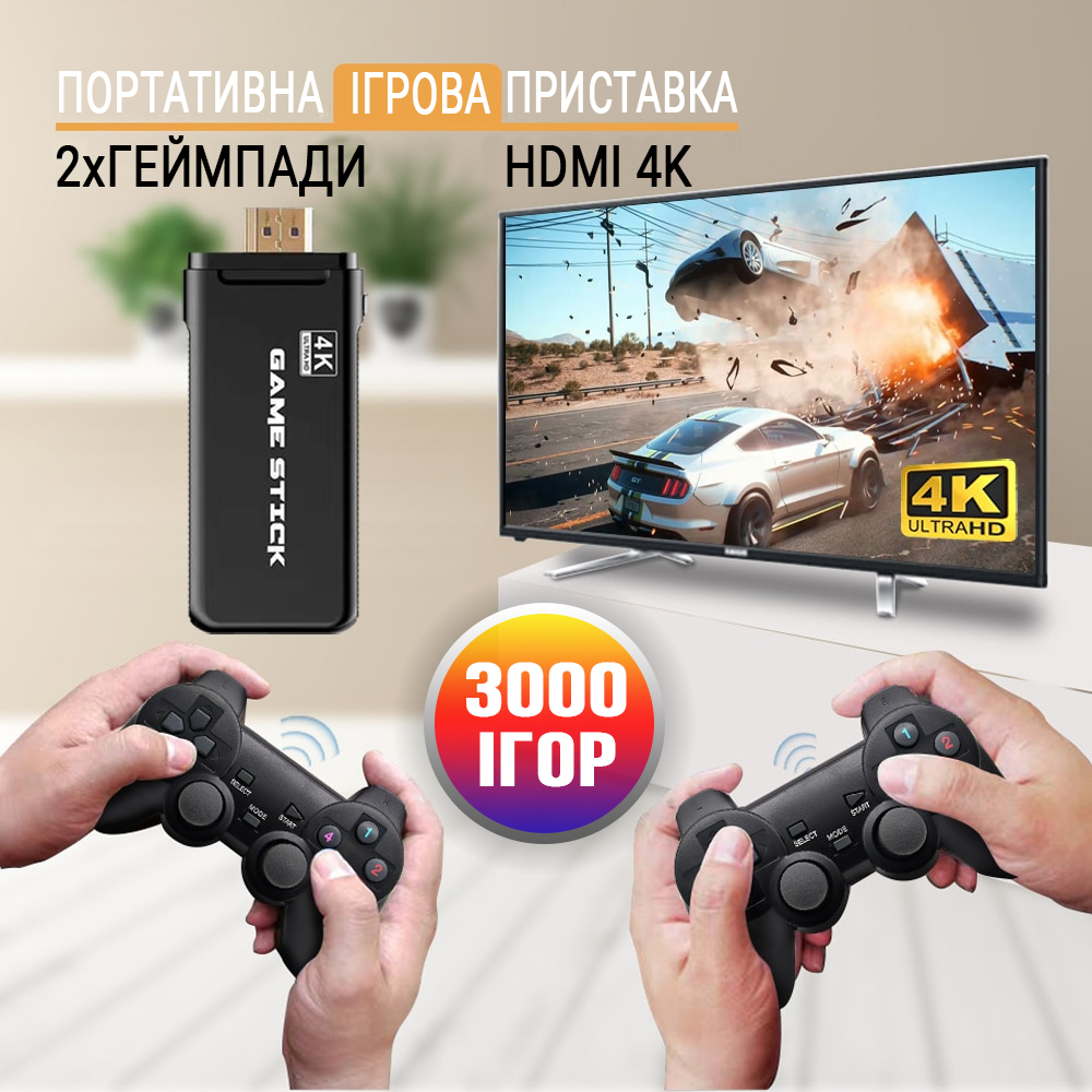 Телевизионная игровая приставка с двумя беспроводными геймпадами 2.4G Gen  Game Mini Stick 4k HDMI с встроенными играми Dendy, Sega, Аркадные игры,  Game Boy, Nintendo, Atari, PlayStation 1 – фото, отзывы, характеристики в