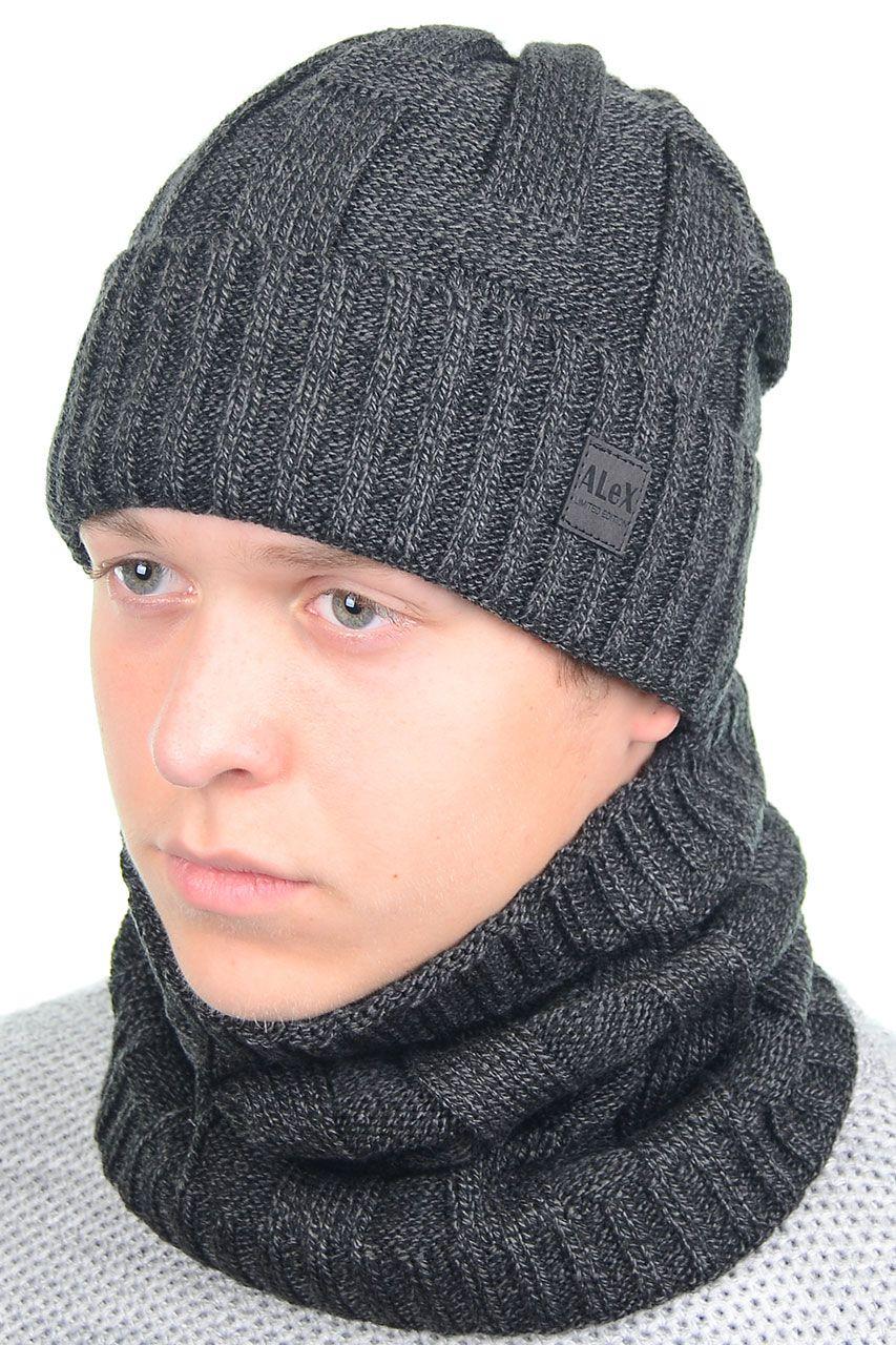 

Мужской комплект Alex 30% шерсть (хомут и шапка на флисе) 56-58 см Черный Темно-серый