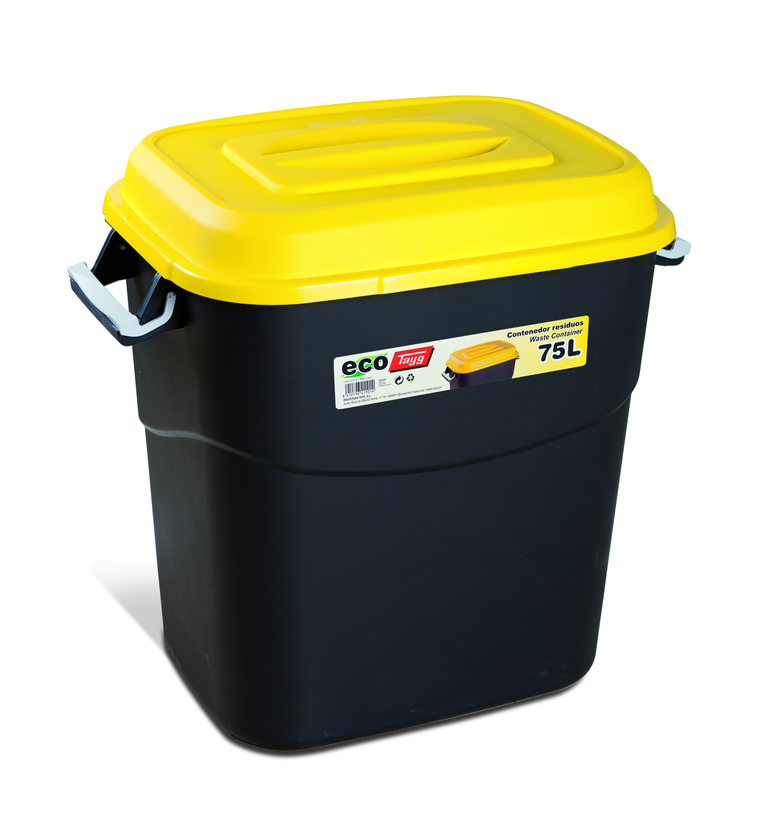 

Бак для мусора EcoTayg 75л, с желтой крышкой и ручками, 60*40,2*56см