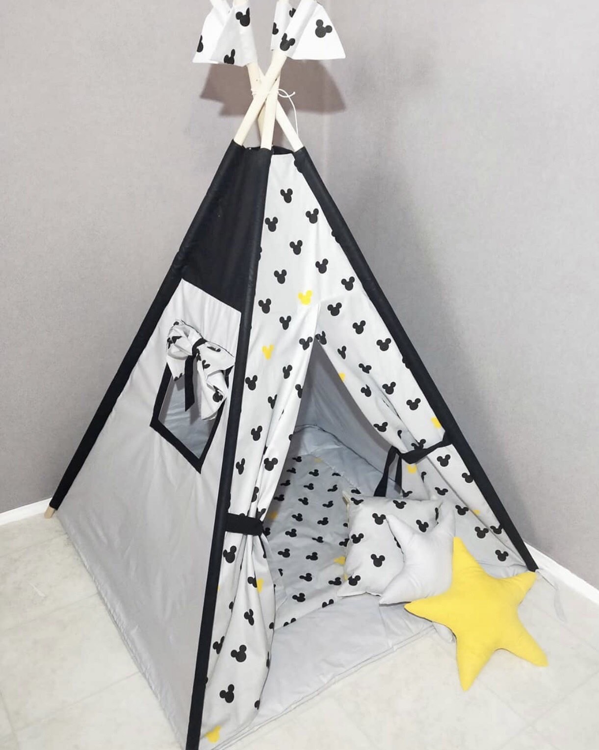 

Детская Палатка - Вигвам «Светлый Маус» от 3 лет 100% Коттон Матрасик (БомБон) + 2 Подушки, Флажки, Гирлянда