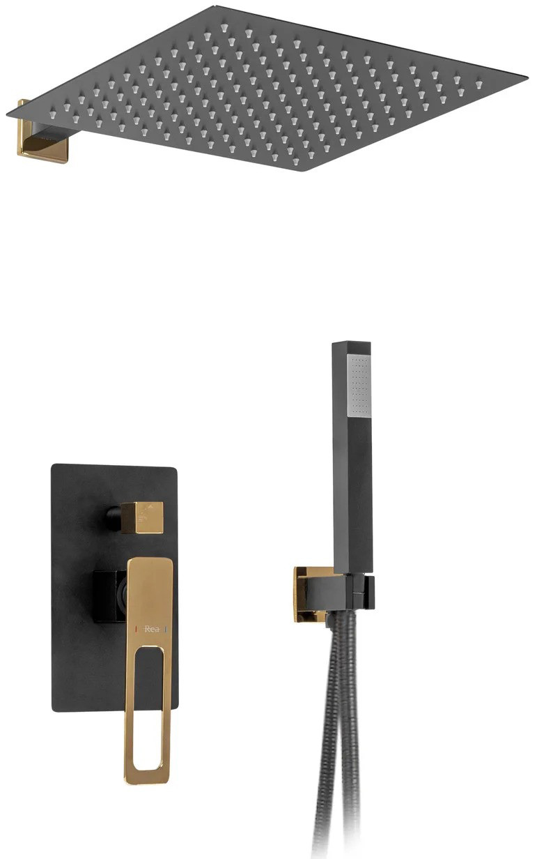 

Душевой гарнитур REA Soho Black/Gold с системой скрытого монтажа + тропический душ, кронштейн и кран + шланг + система BOX