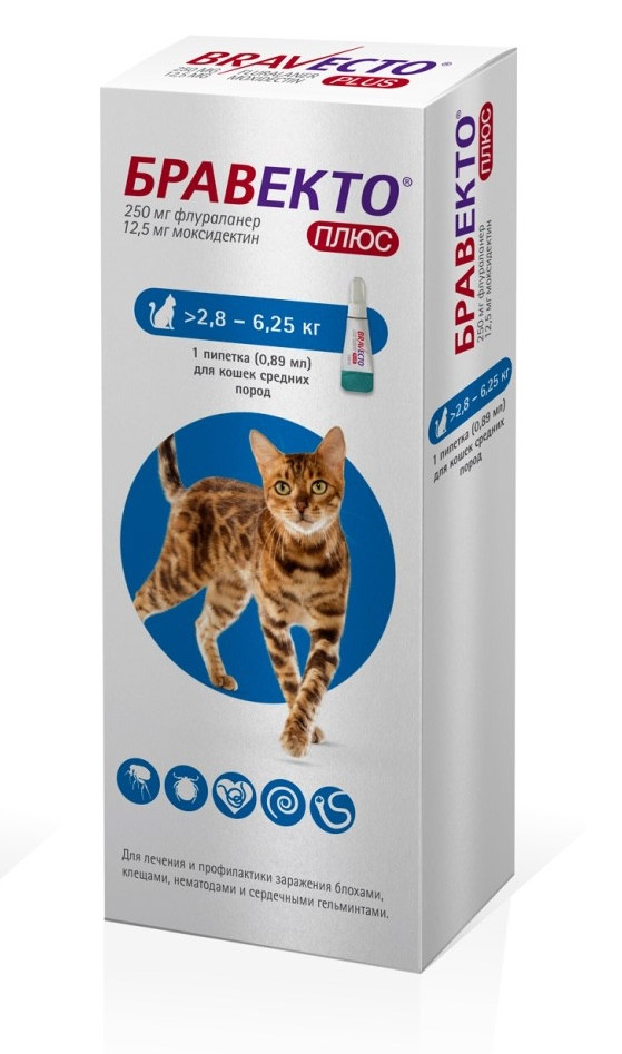 Бравекто Плюс для Котов Bravecto Plus Cat 2,8-6,25кг 250 мг 1 пипетка ...