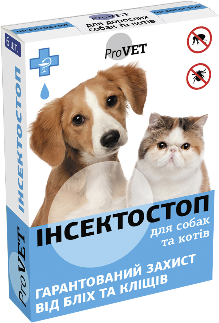 Капли от блох и клещей ProVET Инсектостоп для кошек и собак, 6 пипеток по  0,8 мл (4820150200268/4823082409815)