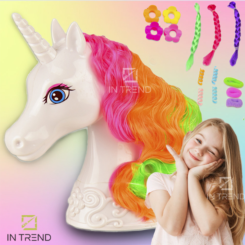 

Голова манекен для причёсок Единорог Styling head B369-132 набор детская игрушка с аксессуарами для девочек – голова единорога кукла + расчёска + резинка + заколки + пряди 20 х 8 х 22 см, Разноцветный