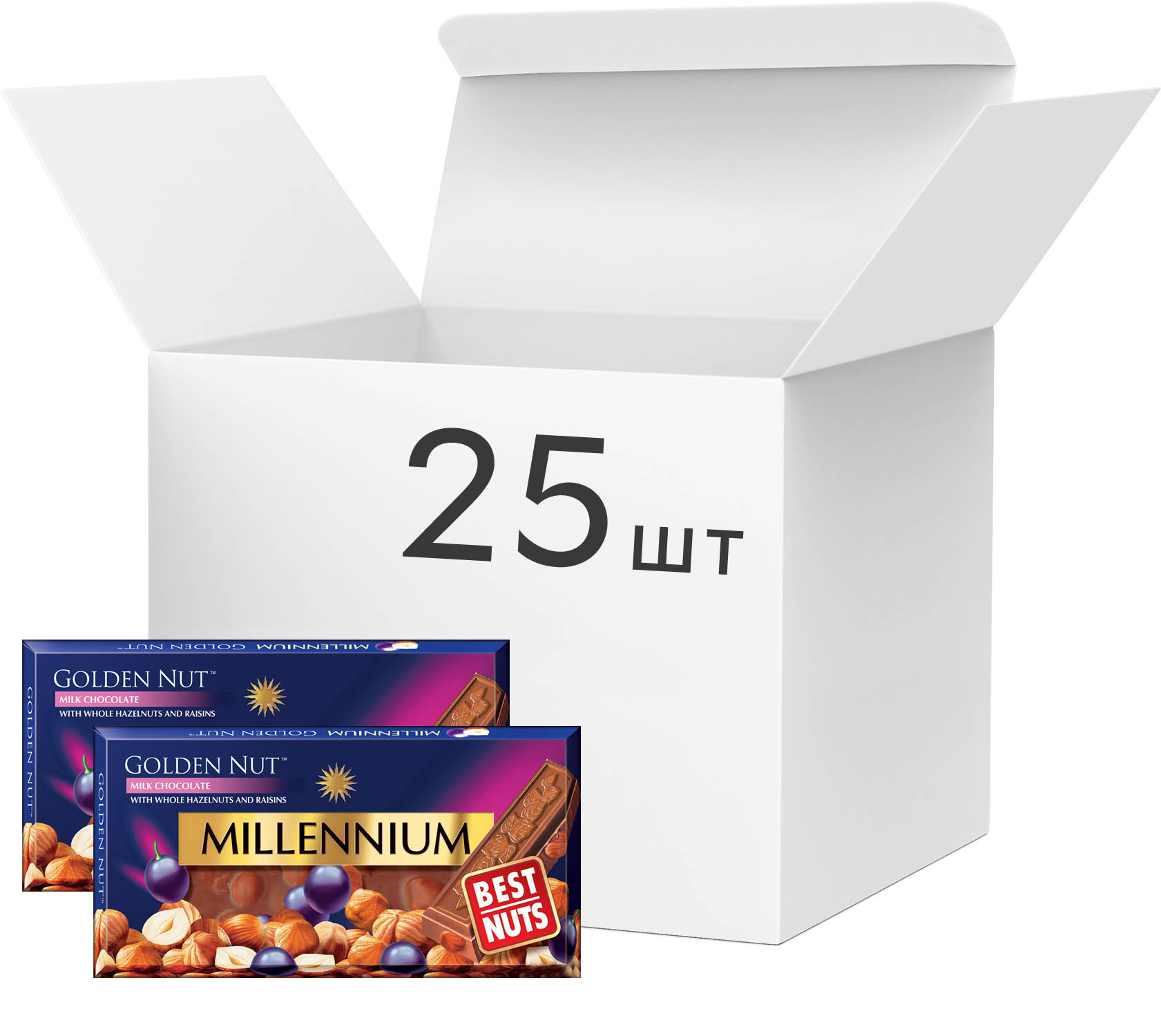 Упаковка молочного шоколада Millennium Gold с цельным фундуком и изюмом ...
