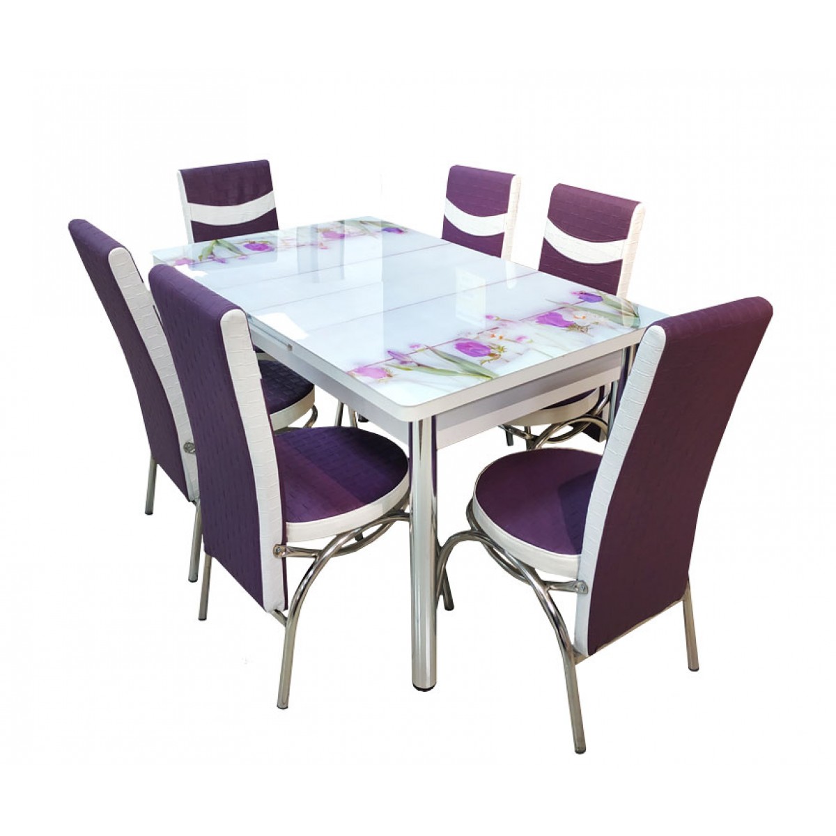 

Комплект обеденный раскладной в гостиную, кухню Турино (стол + 6 стульев) стекло белый + фиолетовый/МДФ белый, металл хром Ясен, 790 прованс