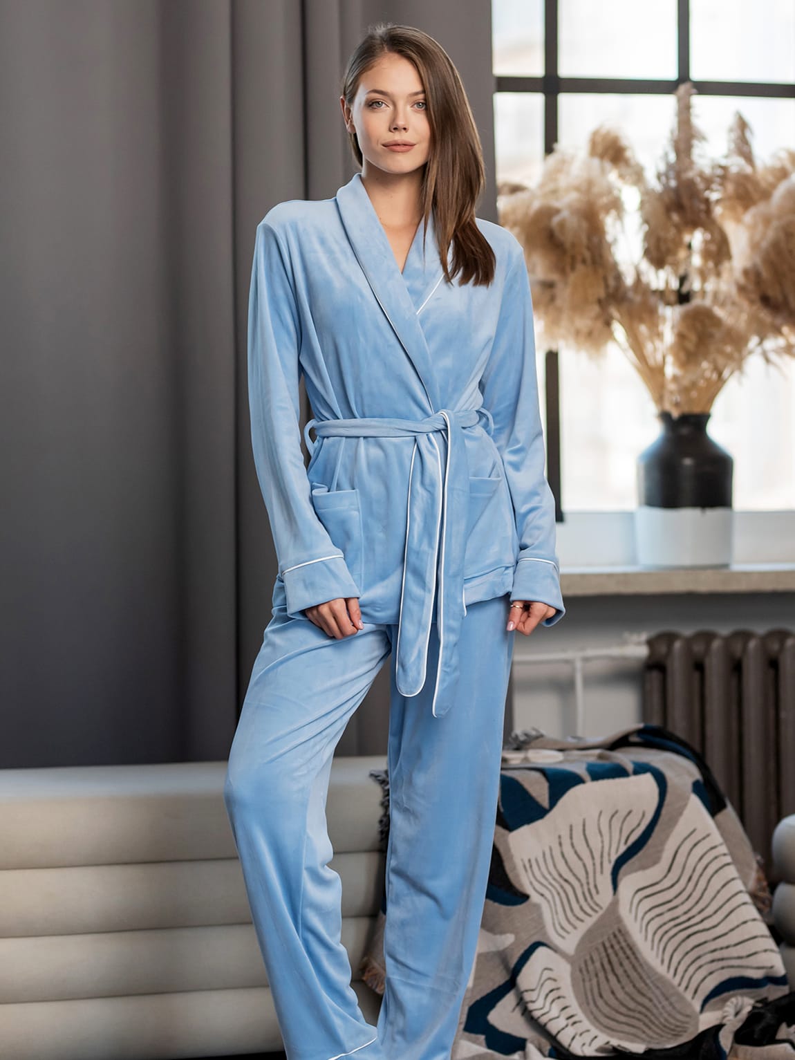 Акція на Піжама (халат + штани) жіноча Maritel Шаль МА-00001605 3XL Блакитна від Rozetka