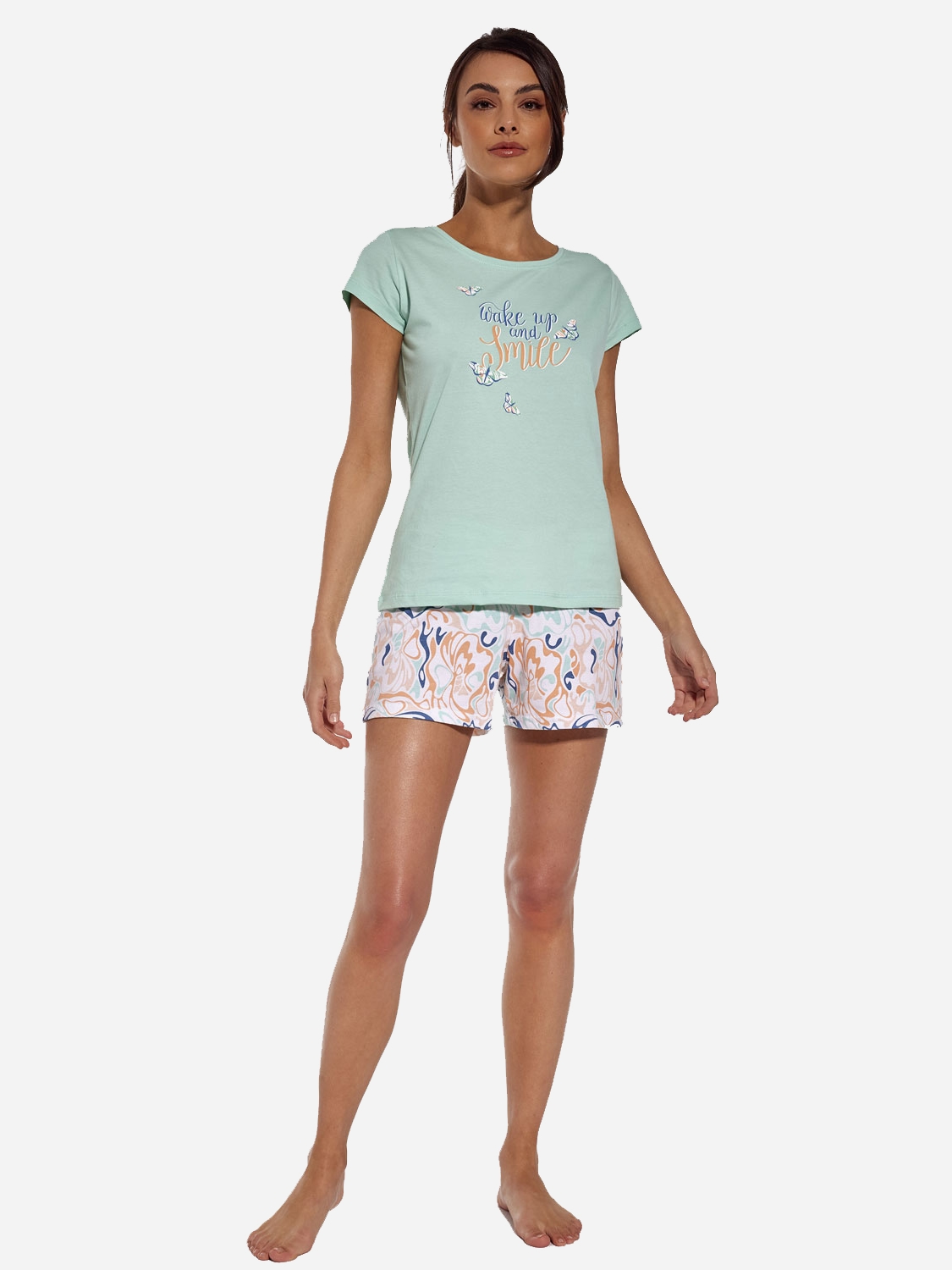 Акція на Піжама (футболка + шорти + штани) жіноча бавовняна Cornette Wake up and Smile 665-280 A24 M М'ятний/Різнобарвний від Rozetka