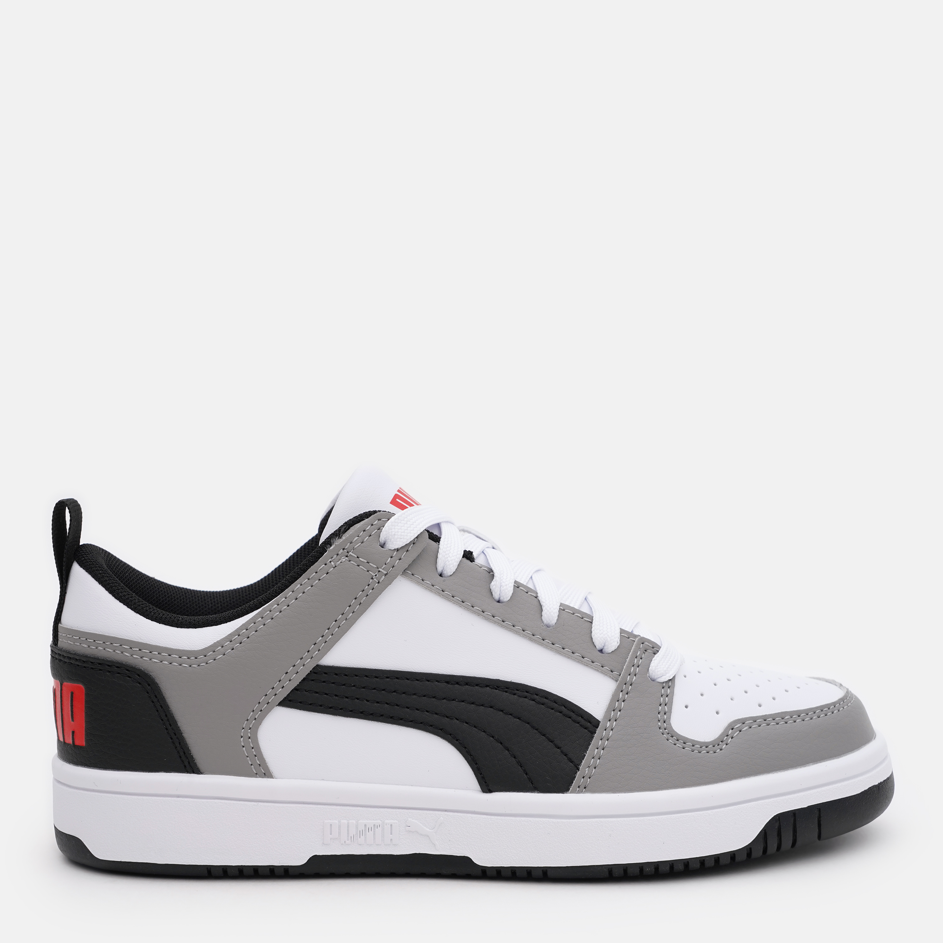 Акція на Підліткові кросівки для хлопчика Puma Rebound Layup Lo SL Jr 37049020 36 Puma White-Puma Black-Concrete Gray-For All Time Red від Rozetka