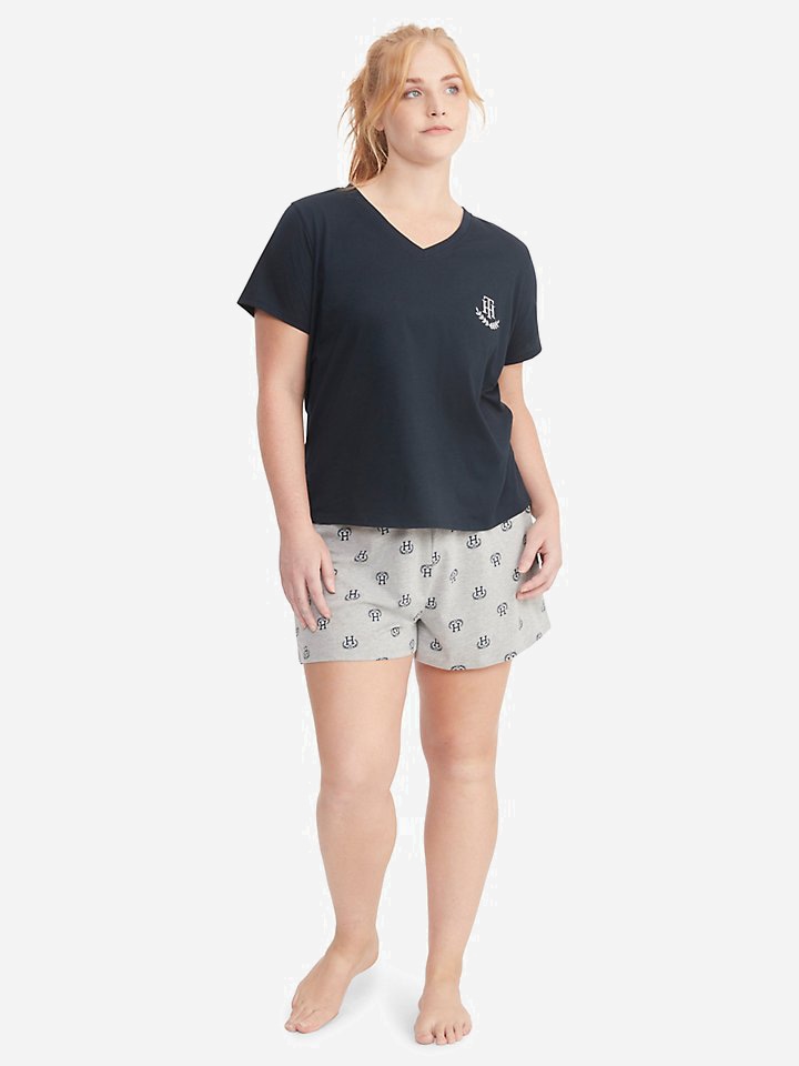 Акция на Піжама (футболка + шорти) жіноча великих розмірів Tommy Hilfiger 100857486 1X Синій/Сірий от Rozetka
