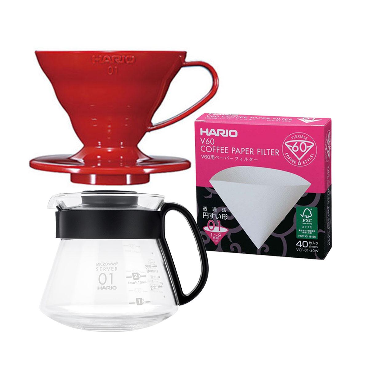 Набір Пуровер HARIO V60 01 червоний + сервеи 360 мл + фільтри V60 40 шт ...