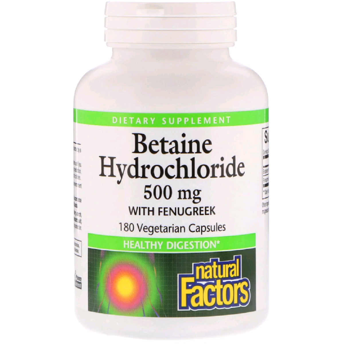 

Природные добавки Natural Factors Бетаин Гидрохлорид и Пажитник Betaine Hydrochloride + Fenugreek 500 мг 180 капсул