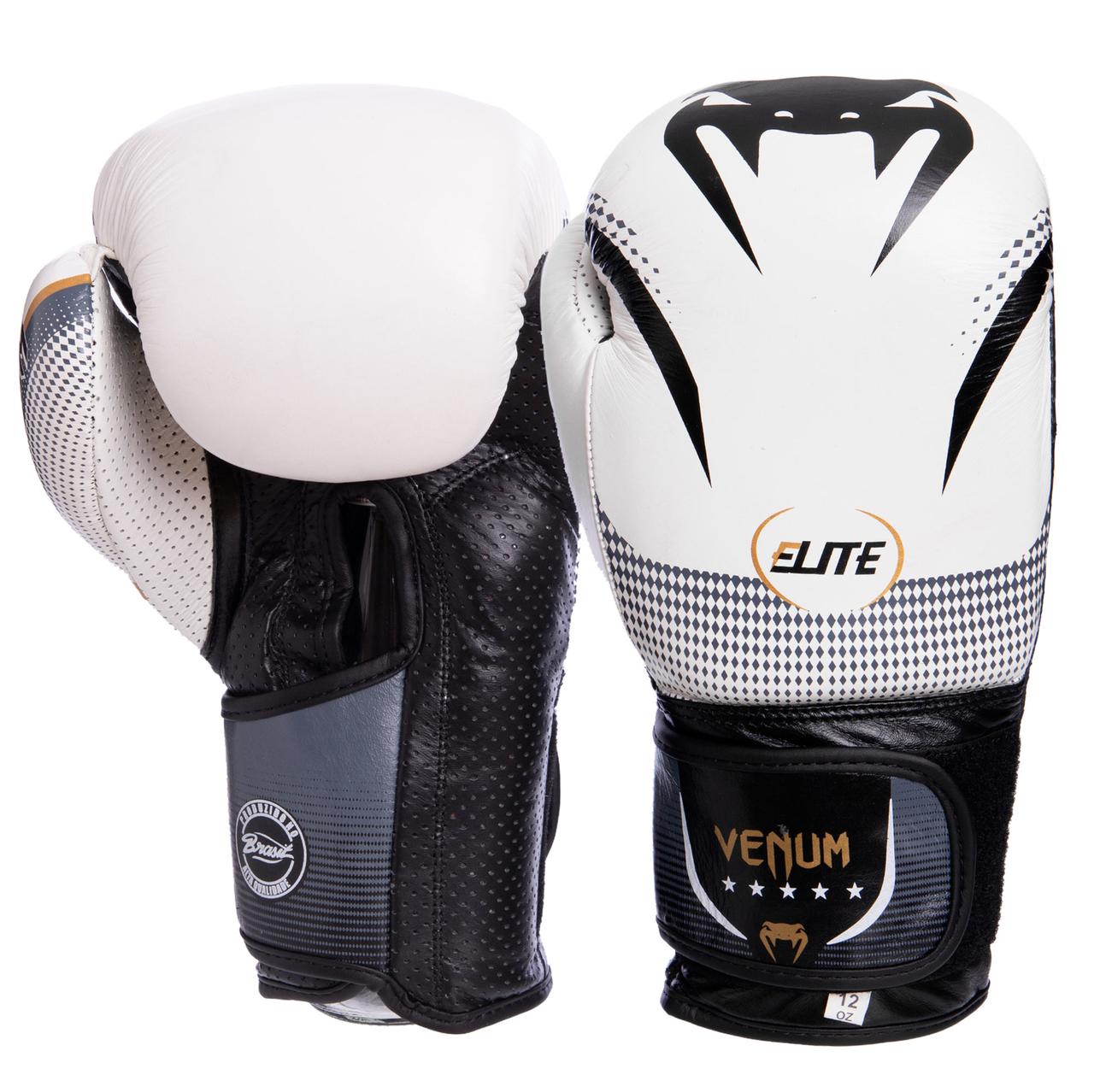 

Перчатки для бокса и единоборств кожаные Venum NEW ELITE VL-2042 Black-White-Grey 10 унций