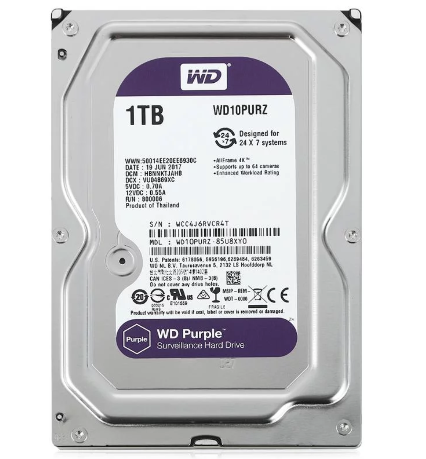 

Жесткий диск Western Digital 1ТБ 3.5'' 5400об/мин 64МБ SATAIII Purple (WD10PURZ)