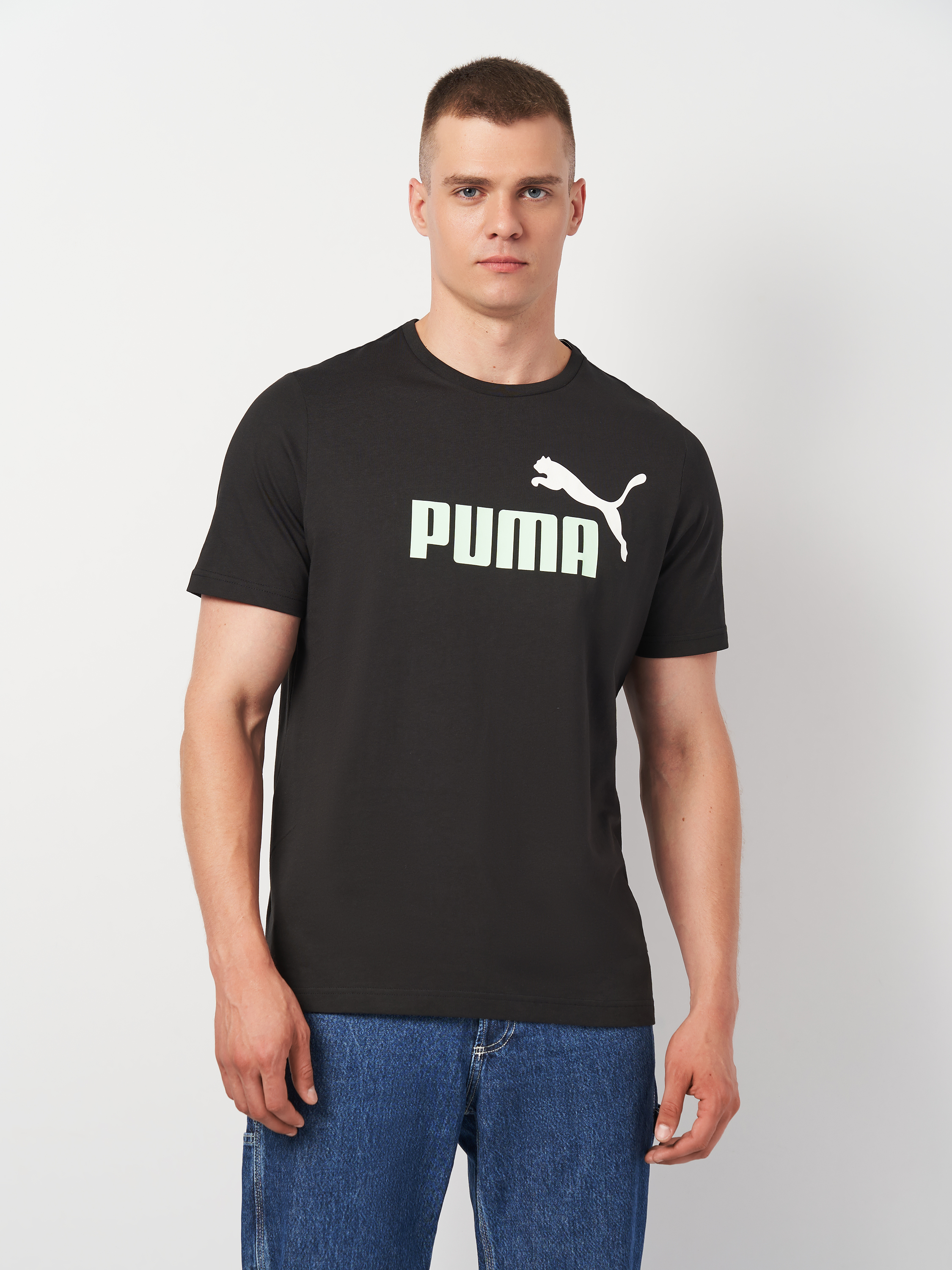 Акція на Футболка бавовняна довга чоловіча Puma ESS+ 2 Col Logo Tee 58675997 M Black-Fresh Mint від Rozetka