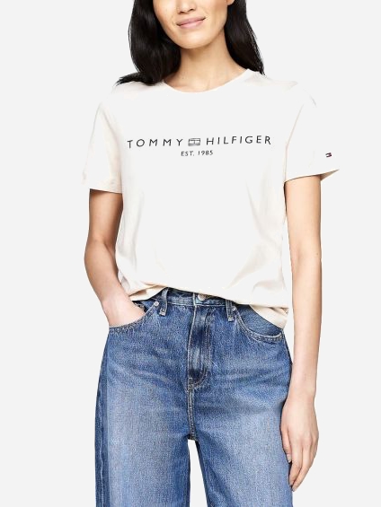 Акція на Футболка бавовняна жіноча Tommy Hilfiger WW0WW40276-ACI S Бежева від Rozetka