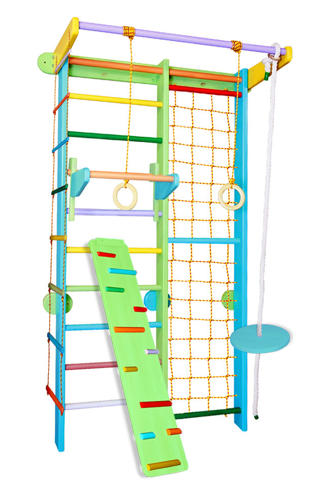

Детский Спортивный уголок из бука с 2 турниками, веревочными набором и ребристой доской 120х225см синий 62472