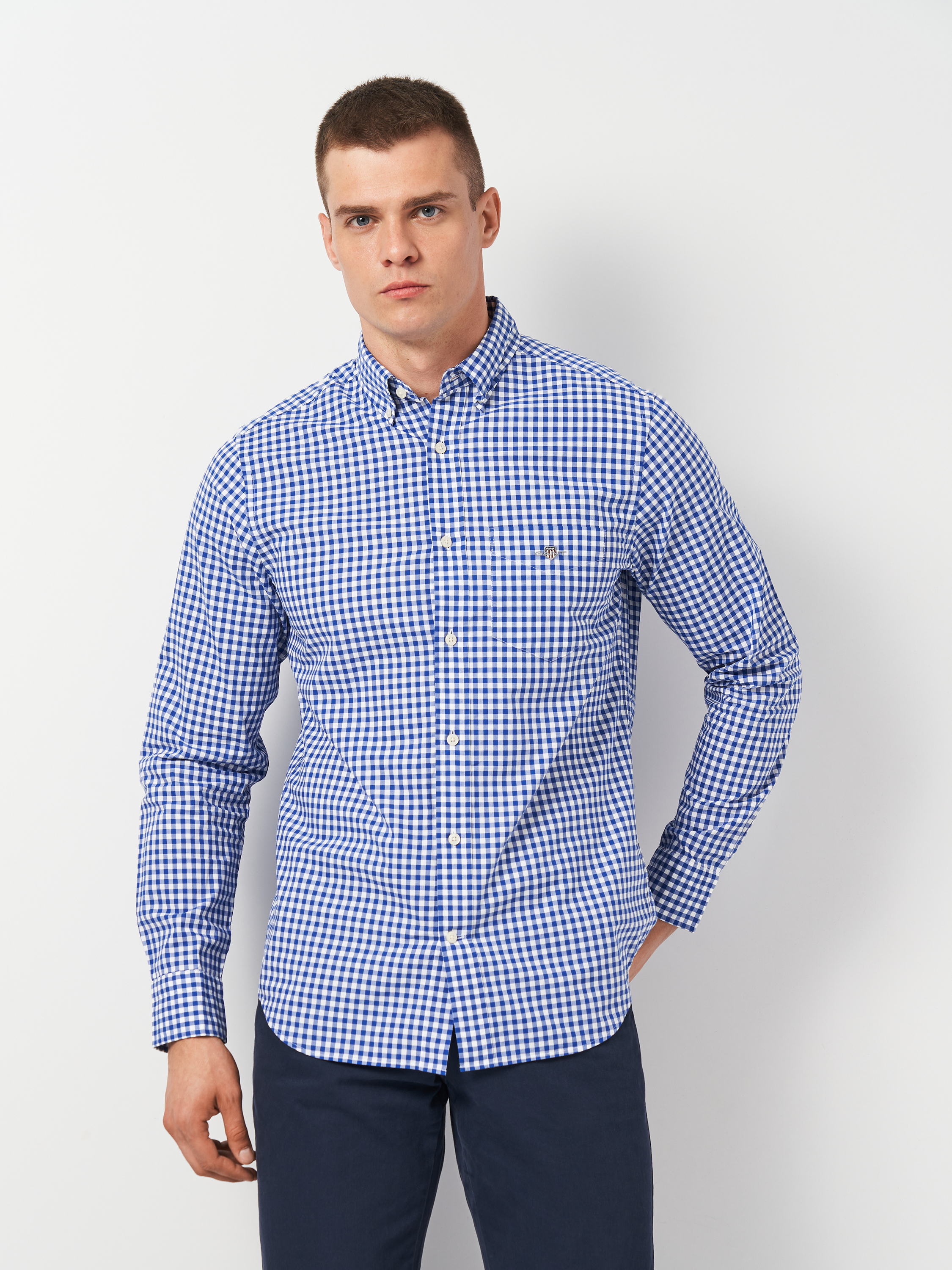 Акція на Сорочка бавовняна чоловіча GANT Reg Poplin Gingham Shirt 3000120-436 M Синя від Rozetka