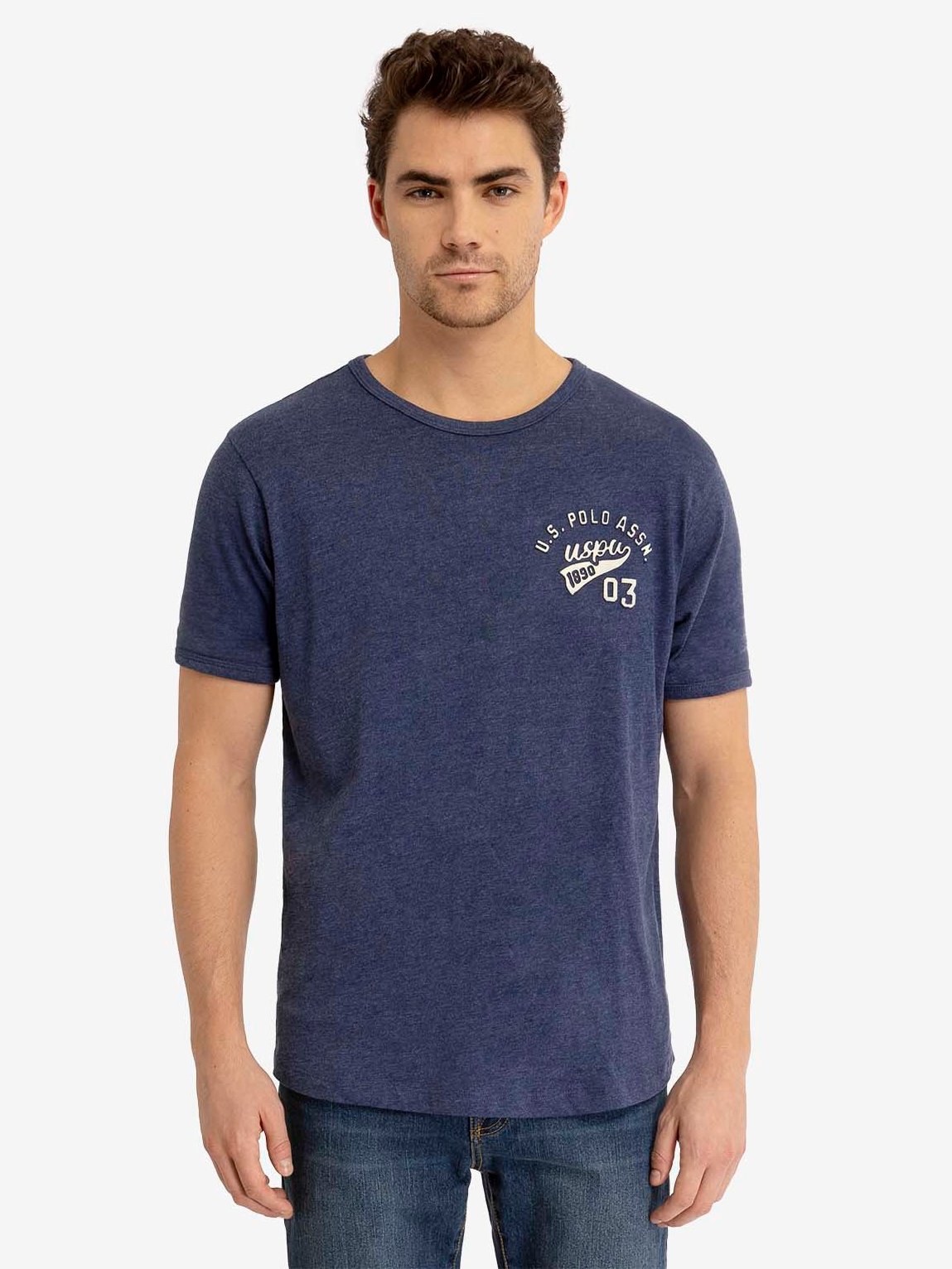 Акція на Футболка бавовняна довга чоловіча U.S. Polo Assn 11C136-0400A(Dodger Blue Heather) M Синя з принтом від Rozetka