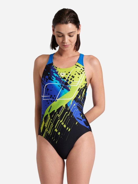 Акція на Купальник суцільний жіночий Arena FUNNY SPOT SWIMSUIT V BACK LB 007199-550 36 Чорний/Блакитний/Жовтий від Rozetka