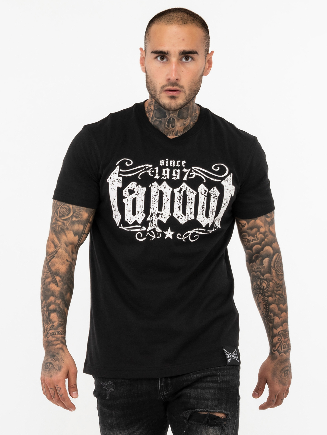 Акція на Футболка бавовняна довга чоловіча Tapout 940019-1500 2XL Чорна з принтом від Rozetka